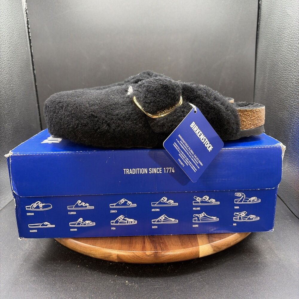 Birkenstock Boston Big Buckle Teddy Rivet Womens Size 9 Narrow Clog Black Gold B